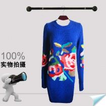 新款 甜美韩版 玫瑰花电脑提花中长款圆领套头毛衣女 优雅大方